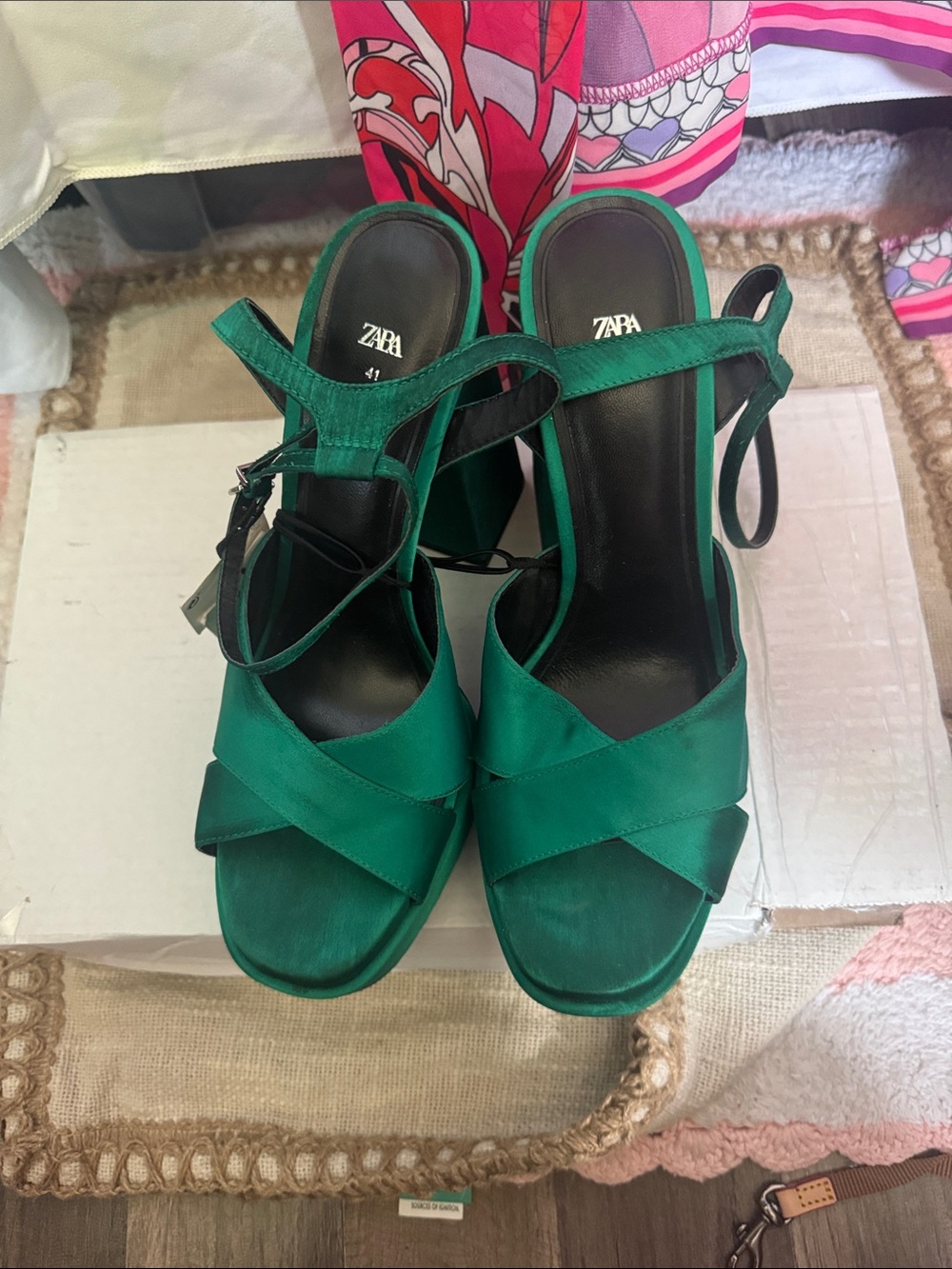 Zara Green Satin Strappy Block Heel Sandals